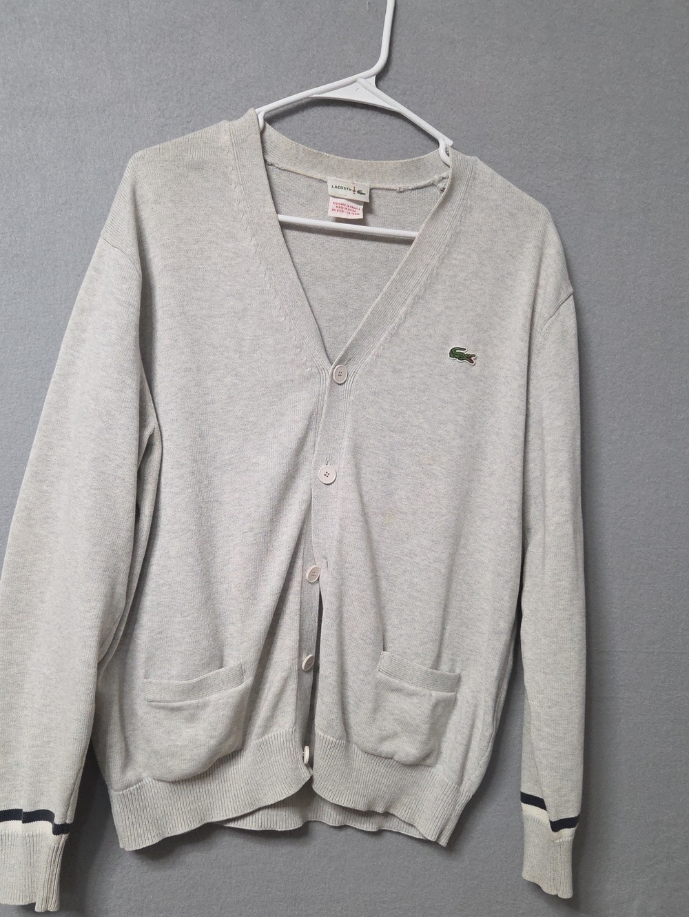 Lacoste Men's Light Gray V-Neck Button Cardigan with Green Croc Large Sz